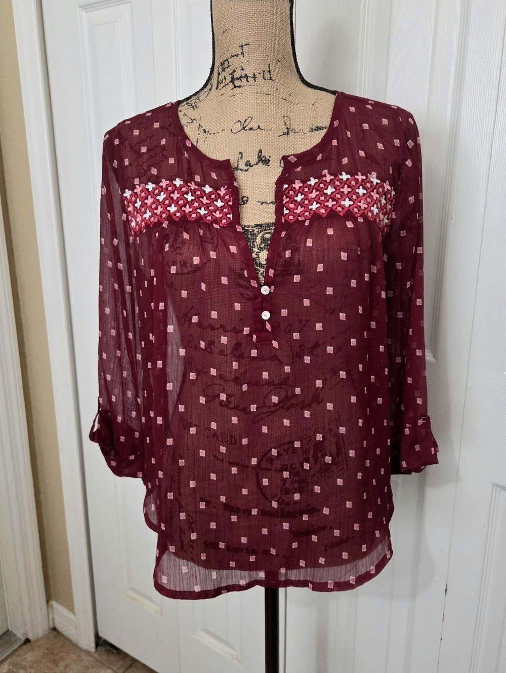 Hollister Women's Burgundy Embroidered Split-Neck Blouse